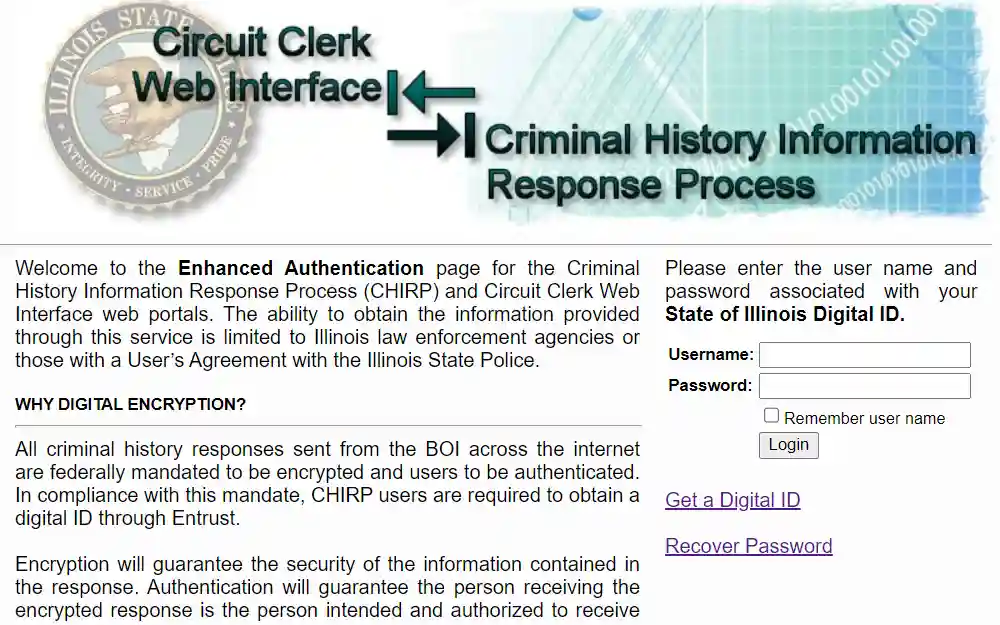 A screenshot of the CHIRP (Criminal History Information Response Process) that individuals can use in order to do a criminal history search using someone’s name.