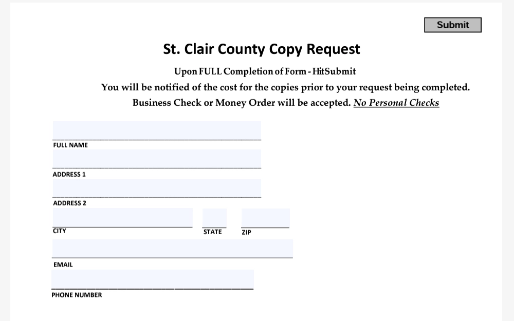 A screenshot of the form used to obtain divorce documents in St. Clair County.