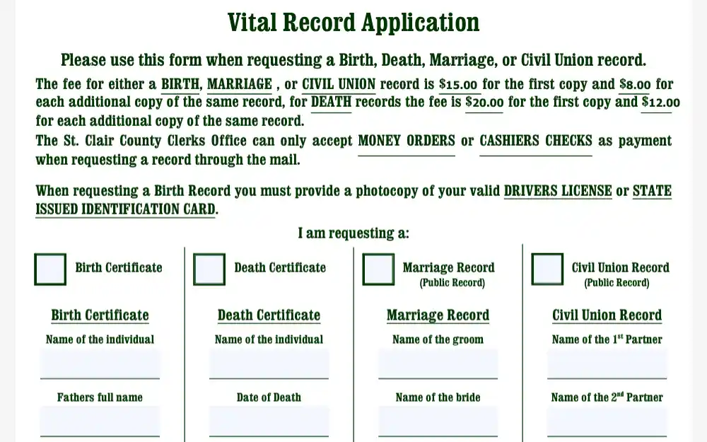 A screenshot of the form used to obtain vital records in St. Clair County, Illinois.