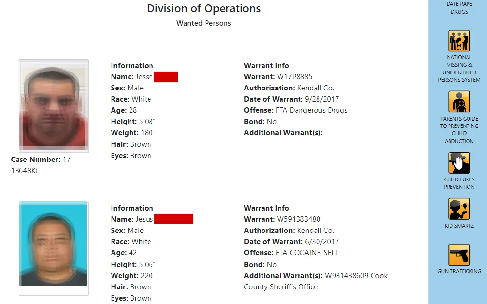 A screenshot of the list of wanted persons provided by the State of Illinois.