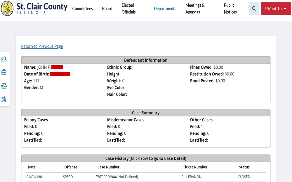 A screenshot from the St. Clair County Circuit Clerk displaying case details for a defendant, including name, date of birth, age, and gender, along with a summary of felony, misdemeanor, and other cases and a case history section showing an offense labeled "SPEED" with a closed status.