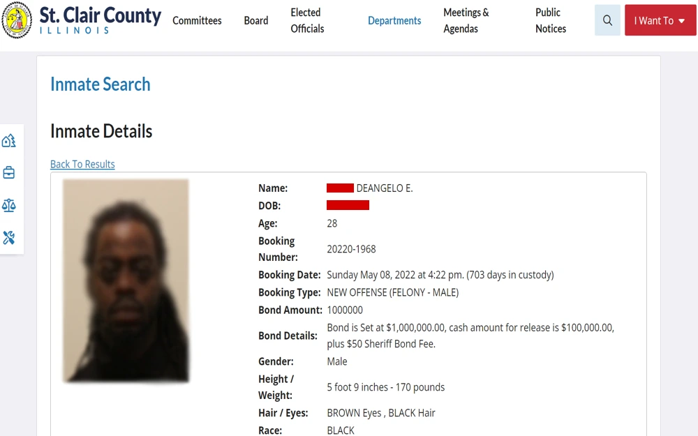 A screenshot from the St. Clair County Sheriff’s Department displays a detailed profile of an inmate, including their name, date of birth, age, booking number and date, bond amount, gender, physical attributes, and hair/eye color.