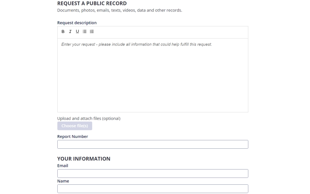A screenshot from the Belleville Police Department showing a form to request public records, a text box for the request description, an option to upload files, and fields to enter the requester's email and name.