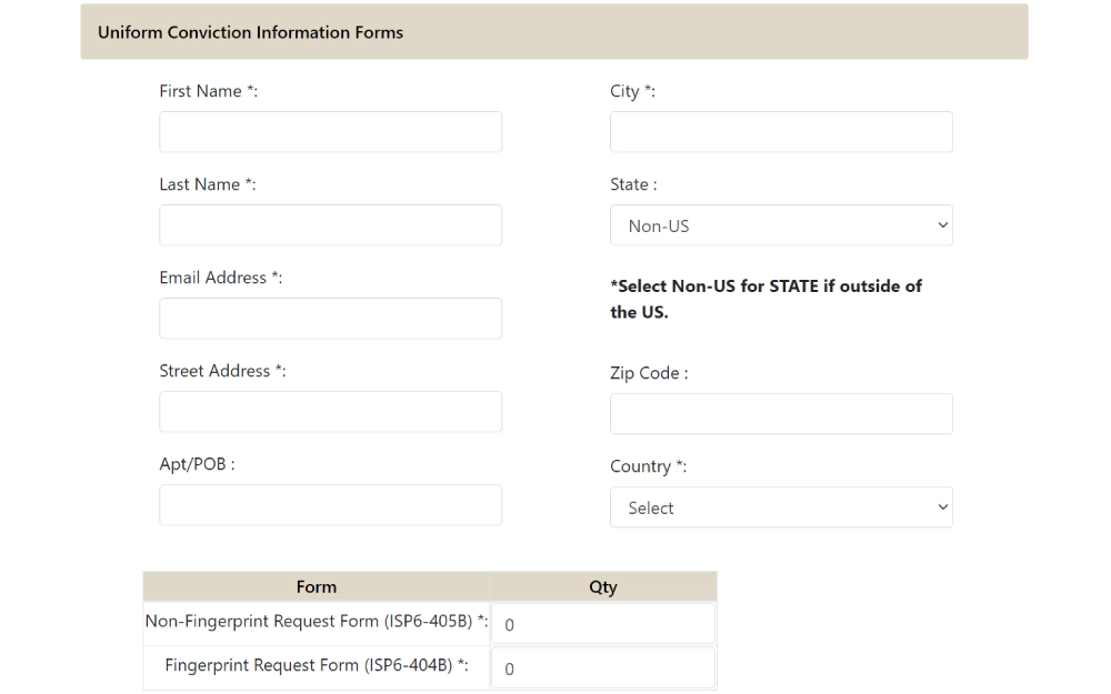 A screenshot of an online form from the Illinois State Police requesting conviction information, with fields for entering the requester's first name, last name, email address, street address, city, state, zip code, country, and quantities for different types of request forms.