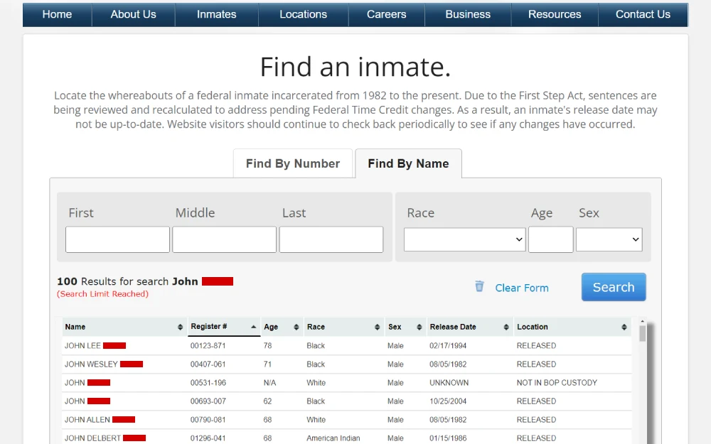 A screenshot showing a table with 100 results including register number, age, race, sex, release date, and location, along with options to refine the search by first, middle, last name, race, age, and sex.