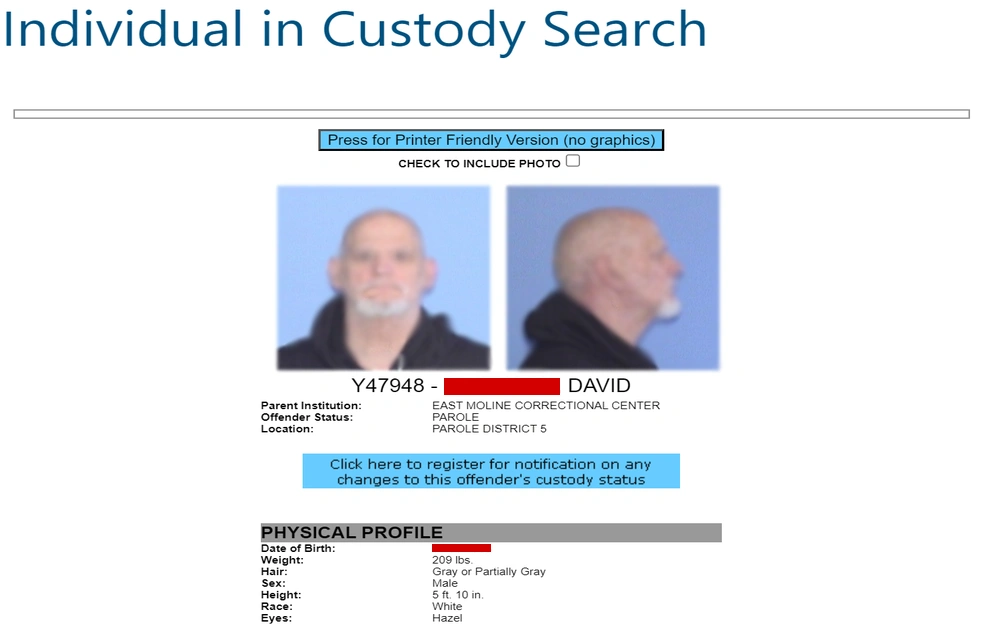 A screenshot showing a male in two mugshot photos from the front and side view, with details about his physical profile, including height, weight, and hair color, along with his parole status and location at East Moline Correctional Center.