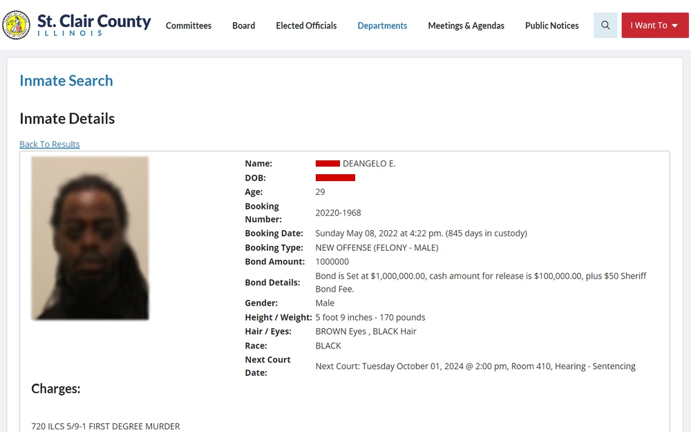 A screenshot showing the profile of a 29-year-old male charged with first-degree murder, including booking details, bond amount, physical description, and upcoming court date.